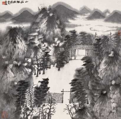 张谷旻 辛巳（2001年作） 山庄秋雨图 镜心